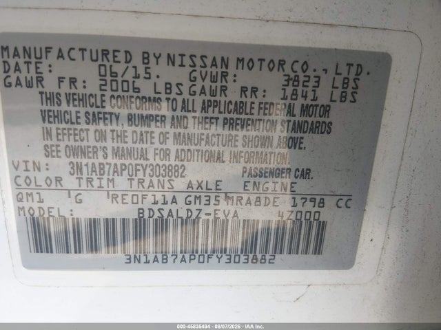 Aukcja sprzedaży 2015 Nissan Sentra Sv, vin: 3N1AB7AP0FY303882, numer aukcji: 45835494