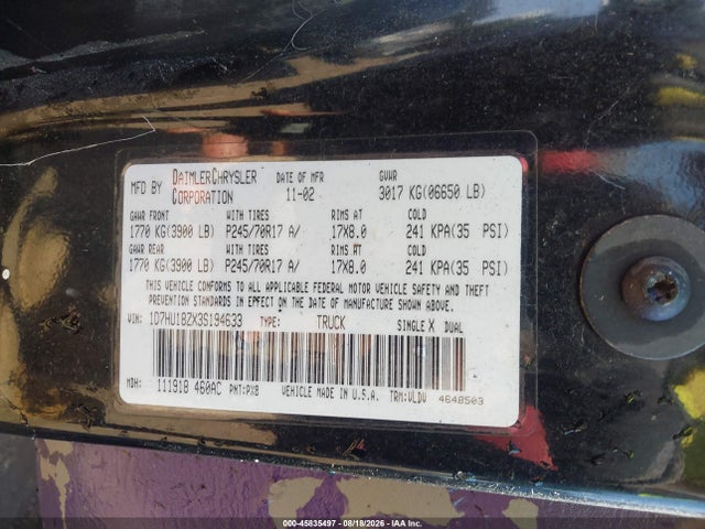 45835497 :رقم المزاد ، 3D7HA18NX2G193784 vin ، 2002 Dodge Ram 1500 St مزاد بيع