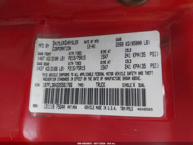 45835501 :رقم المزاد ، 1B7FL36X22S561766 vin ، 2002 Dodge Dakota Sport مزاد بيع