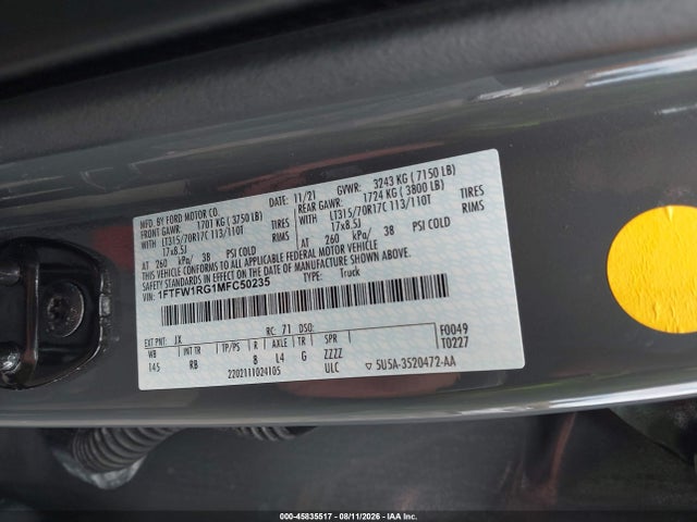 45835517 :رقم المزاد ، 1FTFW1RG1MFC50235 vin ، 2021 Ford F-150 Raptor مزاد بيع