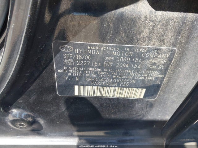 Aukcja sprzedaży 2007 Hyundai Elantra Gls/ltd/se, vin: KMHDU46D97U038526, numer aukcji: 45835530
