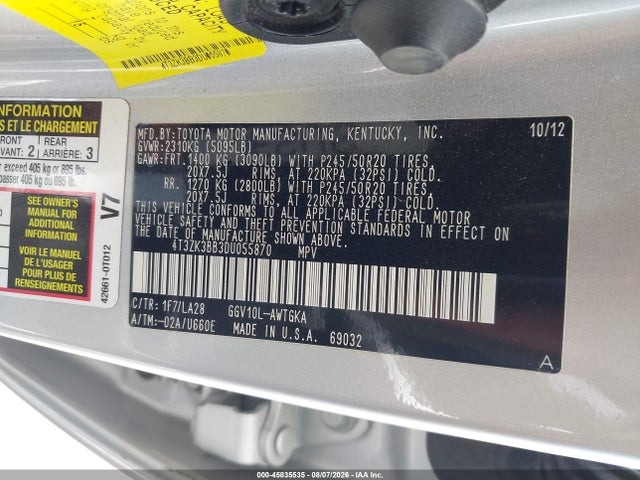 45835535 :رقم المزاد ، 4T3ZK3BB3DU055870 vin ، 2013 Toyota Venza Xle V6 مزاد بيع