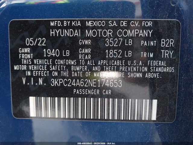 Aukcja sprzedaży 2022 Hyundai Accent Sel, vin: 3KPC24A62NE174653, numer aukcji: 45835543