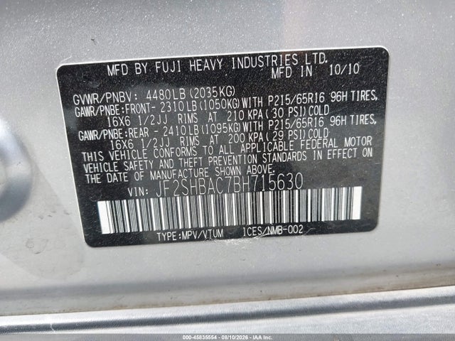 45835554 :رقم المزاد ، JF2SHBAC7BH715630 vin ، 2011 Subaru Forester 2.5x مزاد بيع