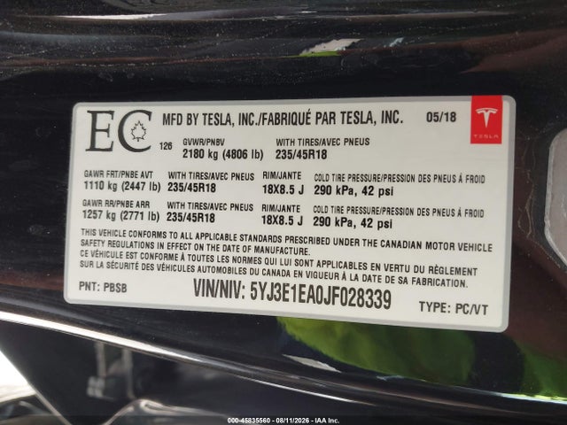 Tesla Model 3 Long Range/mid Range 2018 5YJ3E1EA0JF028339 Image 9