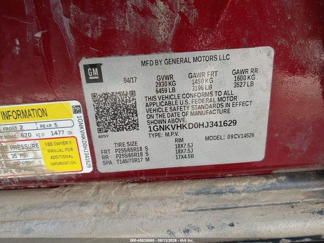 Продаж на аукціоні авто 2017 Chevrolet Traverse Lt, vin: 1GNKVHKD0HJ341629, номер лоту: 45835565