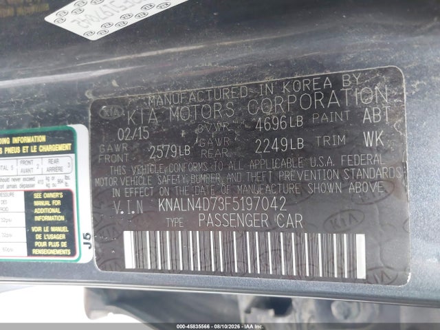 45835566 :رقم المزاد ، KNALN4D73F5197042 vin ، 2015 Kia Cadenza Premium مزاد بيع