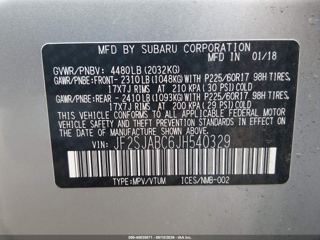 Aukcja sprzedaży 2018 Subaru Forester 2.5i, vin: JF2SJABC6JH540329, numer aukcji: 45835571