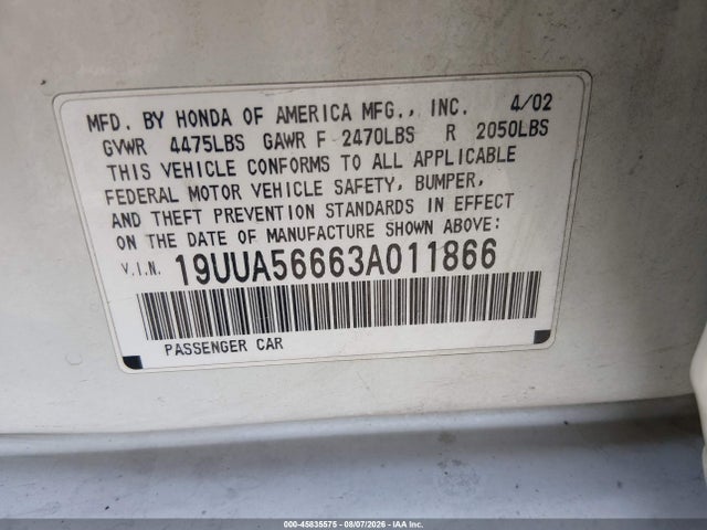 2003 Acura Tl 3.2 მანქანა იყიდება აუქციონზე, vin: 19UUA56663A011866, აუქციონის ნომერი: 45835575