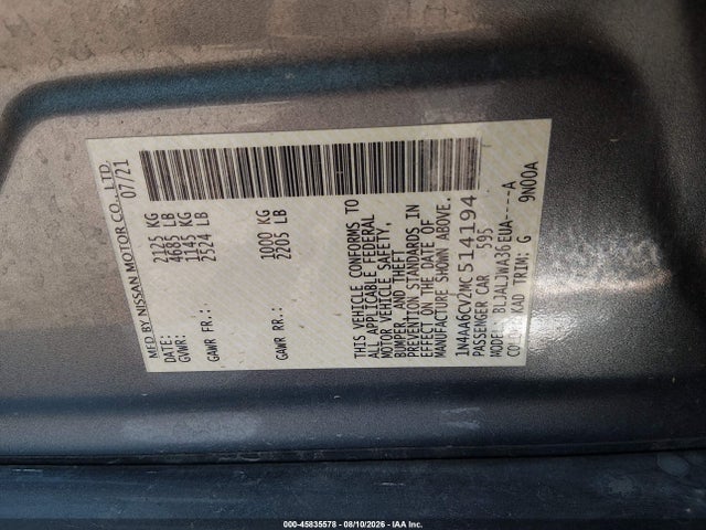 2021 Nissan Maxima Sv Xtronic Cvt მანქანა იყიდება აუქციონზე, vin: 1N4AA6CV2MC514194, აუქციონის ნომერი: 45835578