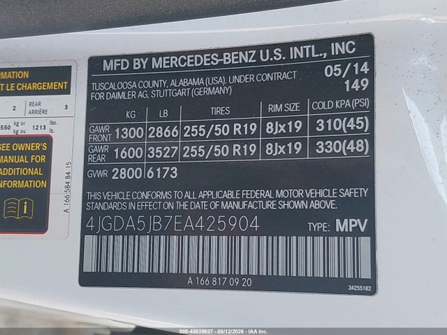 45835627 :رقم المزاد ، 4JGDA5JB7EA425904 vin ، 2014 Mercedes-benz Ml 350 مزاد بيع