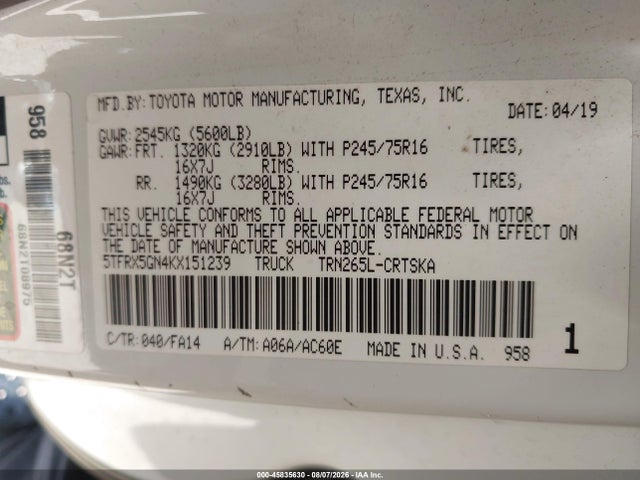 5TFRX5GN4KX151239 Toyota Tacoma Sr