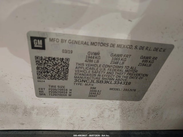 45835637 :رقم المزاد ، 3GNCJLSB3KL334319 vin ، 2019 Chevrolet Trax Lt مزاد بيع