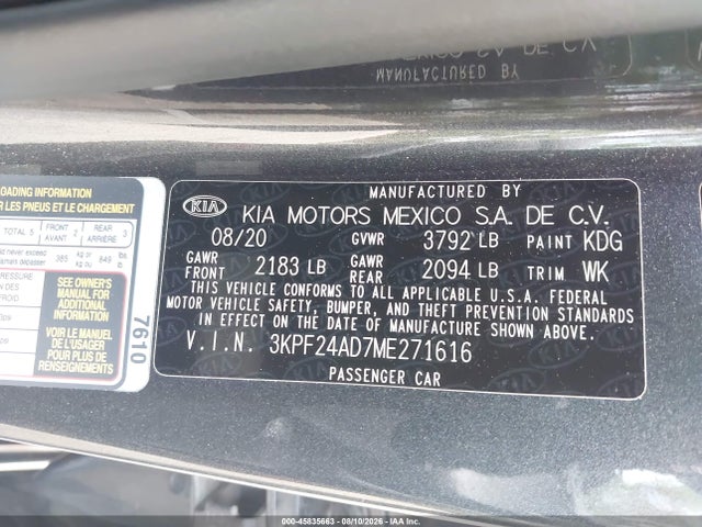 2021 Kia Forte Lxs მანქანა იყიდება აუქციონზე, vin: 3KPF24AD7ME271616, აუქციონის ნომერი: 45835663
