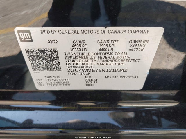45835672 :رقم المزاد ، 2GC4WME78N1218342 vin ، 2022 Chevrolet Silverado 2500hd 2wd  Standard Bed Custom مزاد بيع