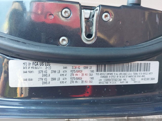 Продажа на аукционе авто 2015 Ram 1500 Laramie, vin: 1C6RR6NT5FS621340, номер лота: 45835673