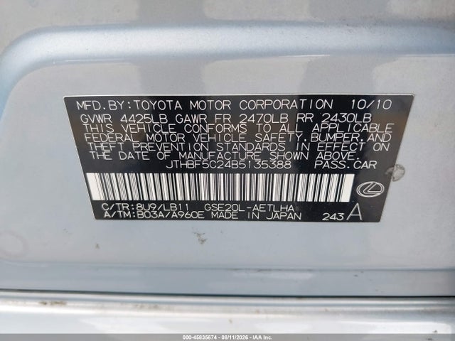 45835674 :رقم المزاد ، JTHBF5C24B5135388 vin ، 2011 Lexus Is 250 مزاد بيع