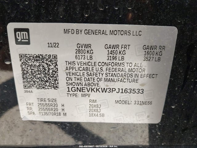 45835687 :رقم المزاد ، 1GNEVKKW3PJ163533 vin ، 2023 Chevrolet Traverse Awd Premier مزاد بيع