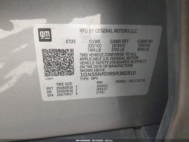 2025 Chevrolet Tahoe 2wd Lt მანქანა იყიდება აუქციონზე, vin: 1GNS5NRD9SR382810, აუქციონის ნომერი: 45835689