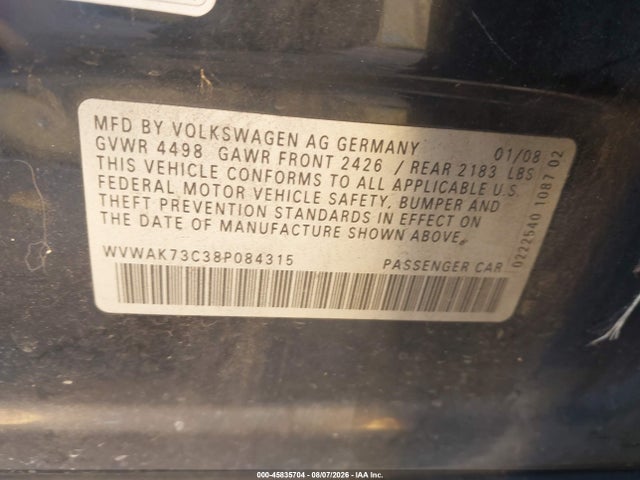 Продаж на аукціоні авто 2008 Volkswagen Passat Komfort, vin: WVWAK73C38P084315, номер лоту: 45835704