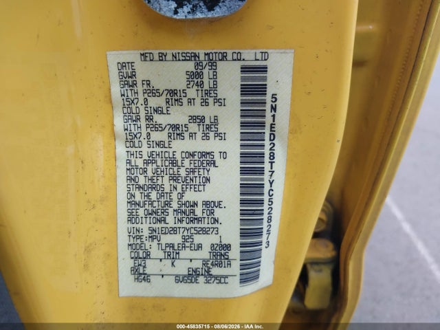 Aukcja sprzedaży 2000 Nissan Xterra Se/xe, vin: 5N1ED28T7YC528273, numer aukcji: 45835715