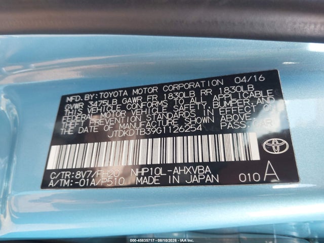 2016 Toyota Prius C One მანქანა იყიდება აუქციონზე, vin: JTDKDTB39G1126254, აუქციონის ნომერი: 45835717