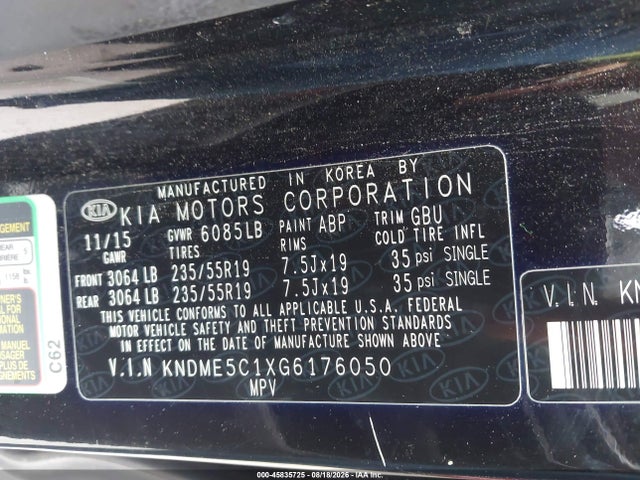 2016 Kia Sedona Sx Luxury მანქანა იყიდება აუქციონზე, vin: KNDME5C1XG6176050, აუქციონის ნომერი: 45835725