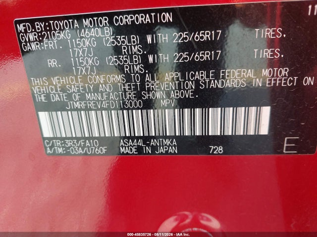 Toyota Rav4 Xle 2015 JTMRFREV4FD113000 Image 9
