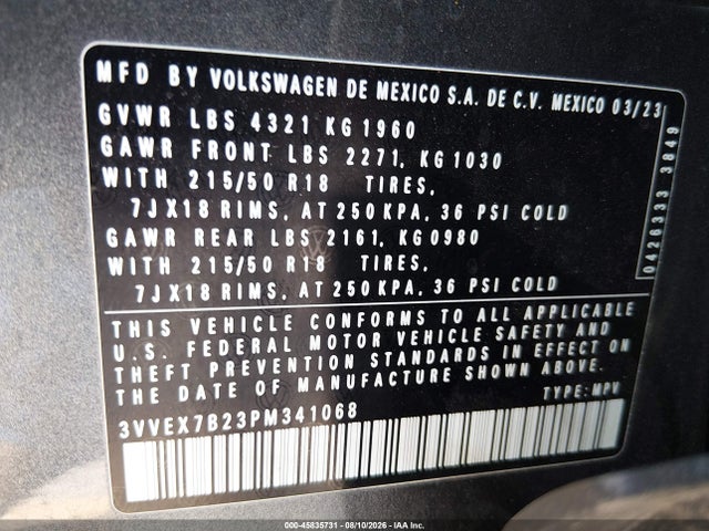 Продаж на аукціоні авто 2023 Volkswagen Taos 1.5t Se, vin: 3VVEX7B23PM341068, номер лоту: 45835731