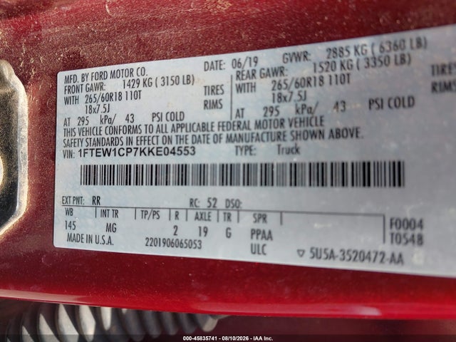 Aukcja sprzedaży 2019 Ford F-150 Xlt, vin: 1FTEW1CP7KKE04553, numer aukcji: 45835741