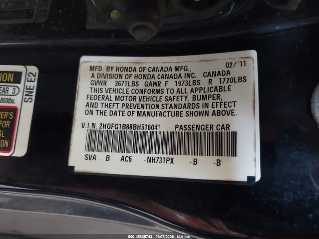 Продаж на аукціоні авто 2011 Honda Civic Ex, vin: 2HGFG1B88BH516041, номер лоту: 45835743