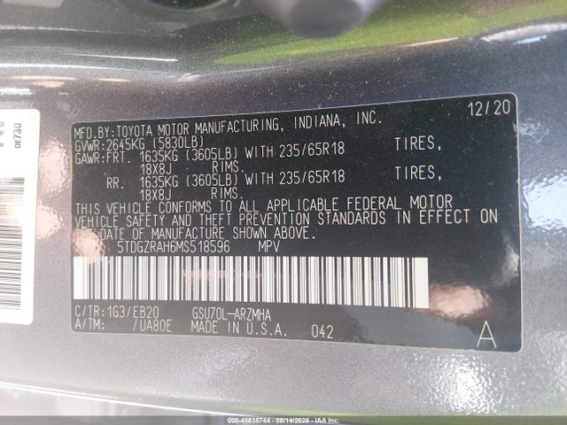 Aukcja sprzedaży 2021 Toyota Highlander Xle, vin: 5TDGZRAH6MS518596, numer aukcji: 45835744