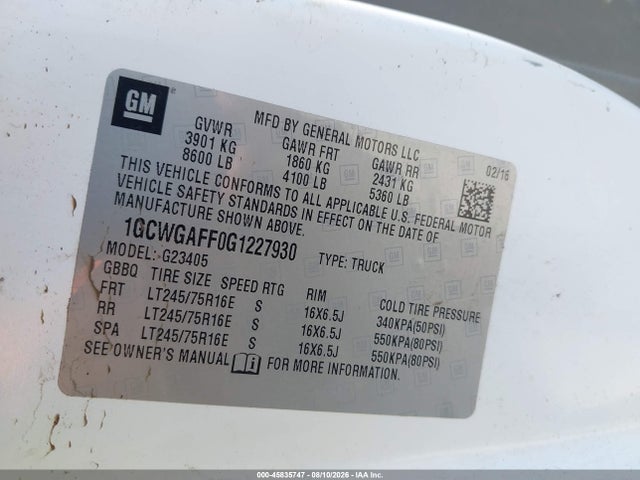 Chevrolet Express 2500 Work Van 2016 1GCWGAFF0G1227930 Image 9