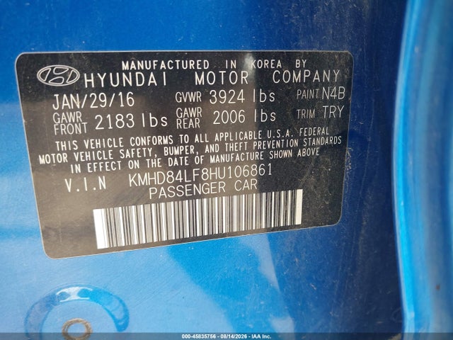 Aukcja sprzedaży 2017 Hyundai Elantra Limited, vin: KMHD84LF8HU106861, numer aukcji: 45835756