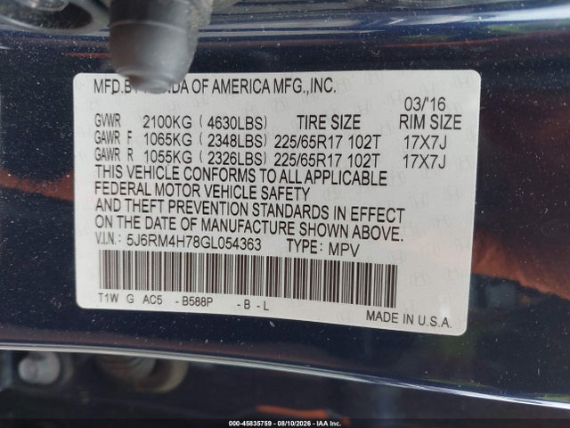 Honda Cr-v Ex-l 2016 5J6RM4H78GL054363 Image 9