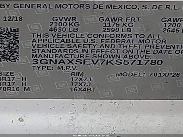2019 Chevrolet Equinox Ls მანქანა იყიდება აუქციონზე, vin: 3GNAXSEV7KS571780, აუქციონის ნომერი: 45835763