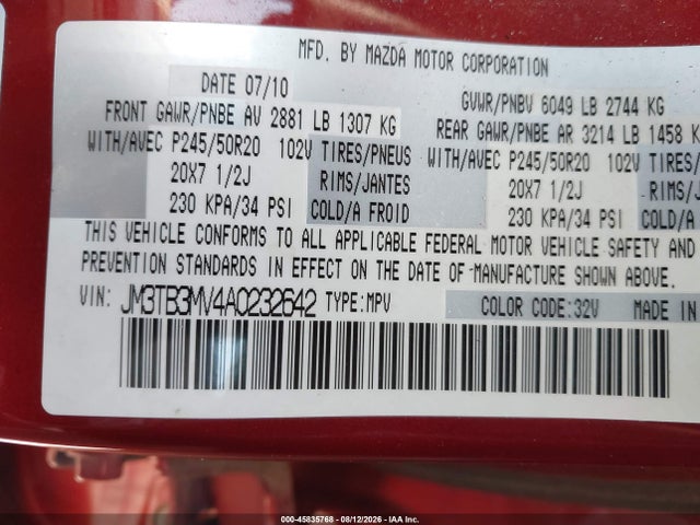 Продаж на аукціоні авто 2010 Mazda Cx-9 Grand Touring, vin: JM3TB3MV4A0232642, номер лоту: 45835768