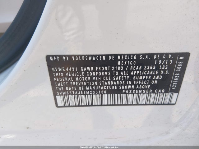 Продажа на аукционе авто 2014 Volkswagen Jetta Hybrid Sel, vin: 3VW637AJ5EM230166, номер лота: 45835773