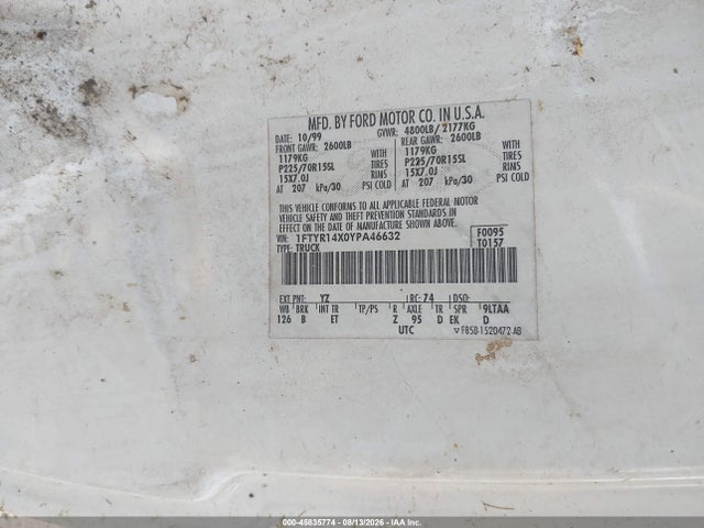 45835774 :رقم المزاد ، 1FTYR14X0YPA46632 vin ، 2000 Ford Ranger Xlt مزاد بيع