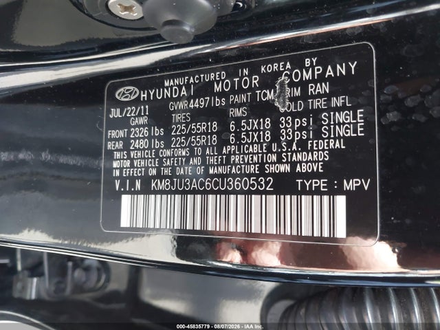 45835779 :رقم المزاد ، KM8JU3AC6CU360532 vin ، 2012 Hyundai Tucson Limited مزاد بيع