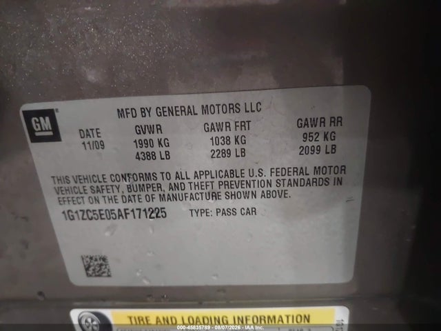 Продаж на аукціоні авто 2010 Chevrolet Malibu Lt, vin: 1G1ZC5E05AF171225, номер лоту: 45835789