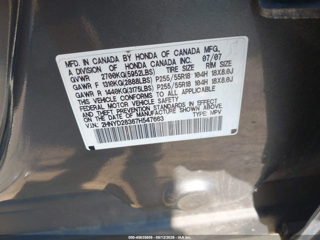 45835809 :رقم المزاد ، 2HNYD28367H547663 vin ، 2007 Acura Mdx Technology Package مزاد بيع