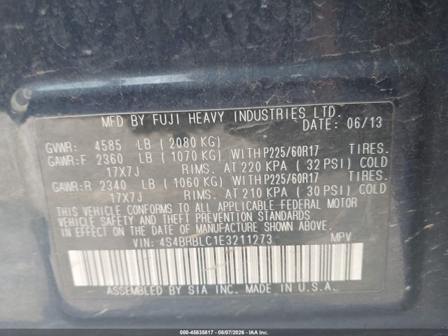 45835817 :رقم المزاد ، 4S4BRBLC1E3211273 vin ، 2014 Subaru Outback 2.5i Limited مزاد بيع