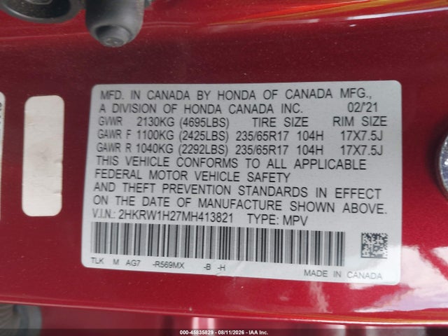 45835829 :رقم المزاد ، 2HKRW1H27MH413821 vin ، 2021 Honda Cr-v 2wd Lx مزاد بيع