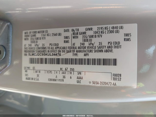 45835833 :رقم المزاد ، 5LMCJ2C95KUL04476 vin ، 2019 Lincoln Mkc Select مزاد بيع