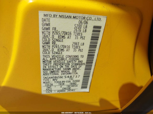45835847 :رقم المزاد ، 5N1AN08U56C548737 vin ، 2006 Nissan Xterra S مزاد بيع