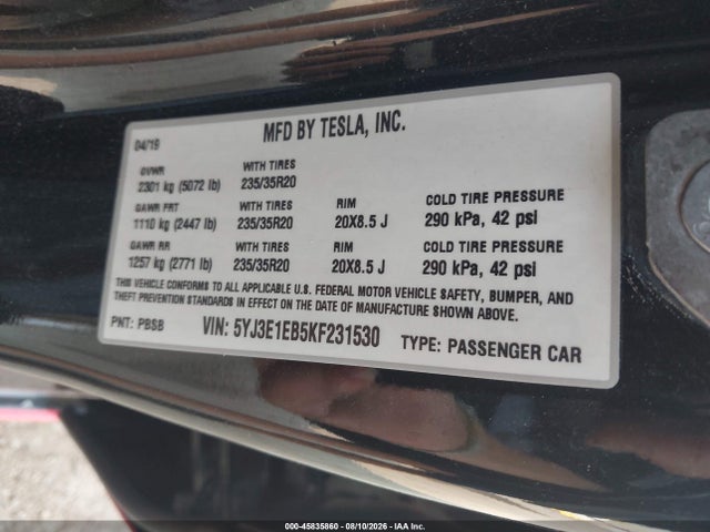 Tesla Model 3 Long Range/performance 2019 5YJ3E1EB5KF231530 Image 9