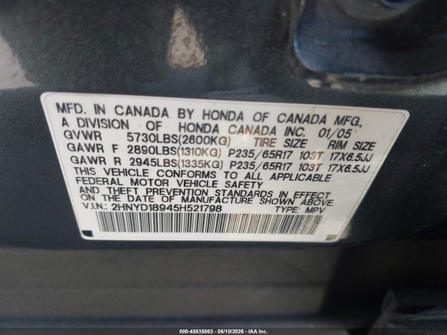 45835863 :رقم المزاد ، 2HNYD18945H521798 vin ، 2005 Acura Mdx مزاد بيع