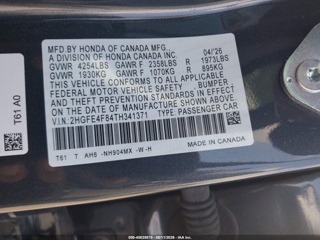 2HGFE4F84TH341371 Honda Civic Hybrid Sport/sport Touring