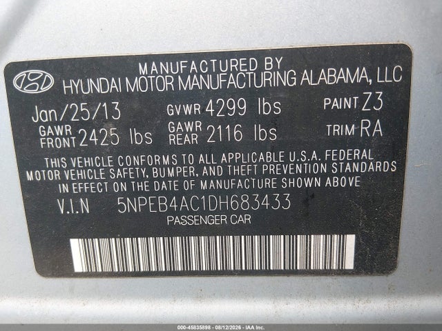 45835898 :رقم المزاد ، 5NPEB4AC1DH683433 vin ، 2013 Hyundai Sonata Gls مزاد بيع